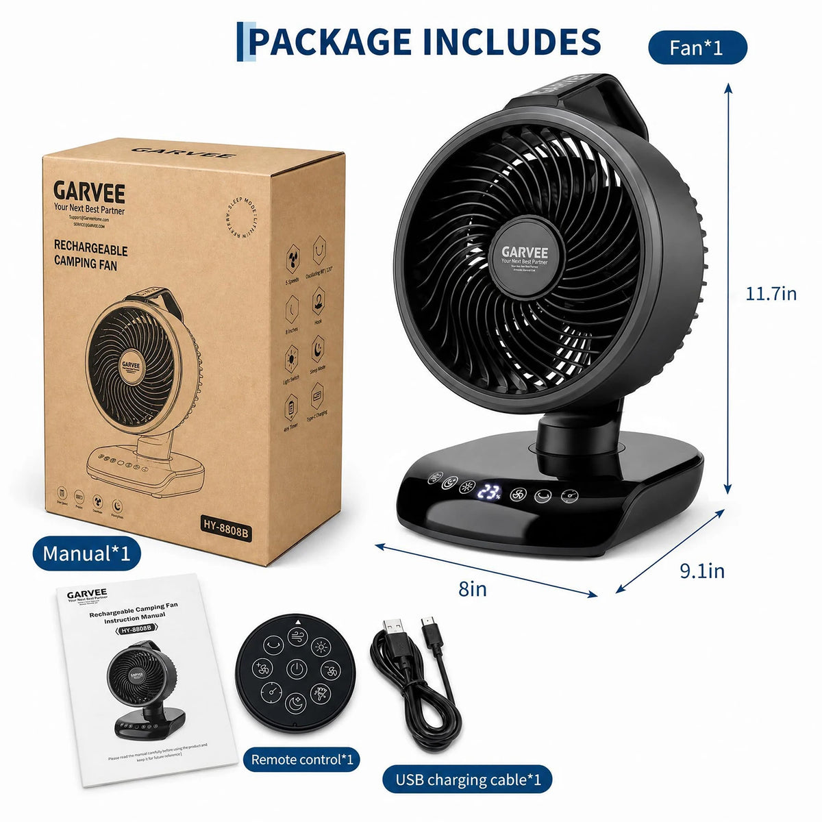 HiMISS Portable Camping Fan 20000mAh Rechargeable With Remote