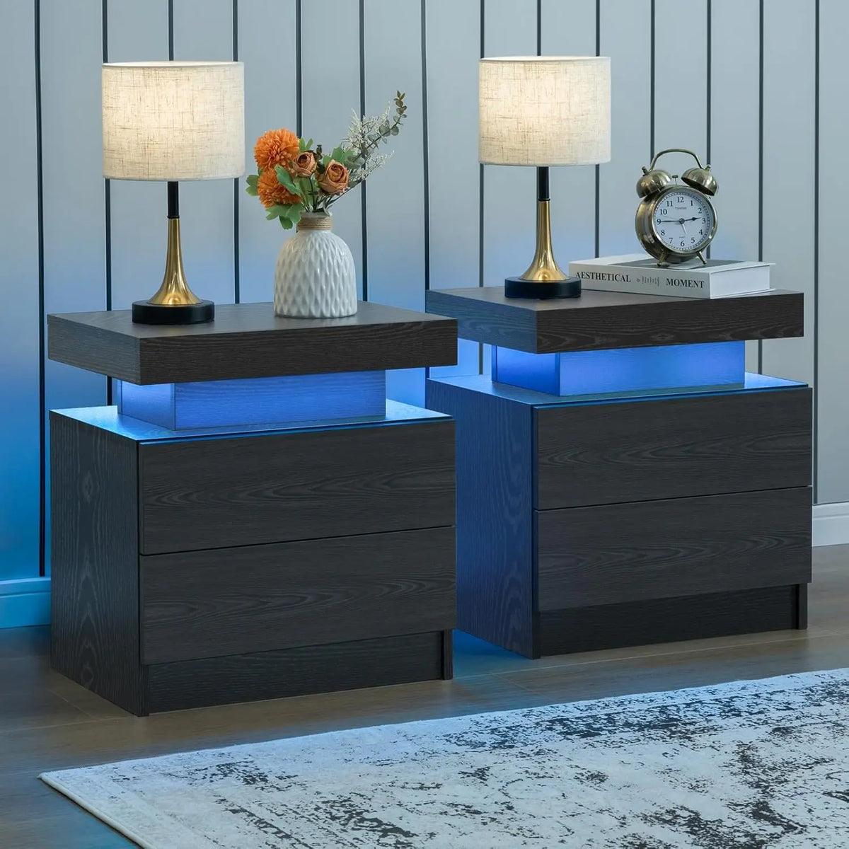 Cubehom Set Of Two LED Nightstands With Drawers For Bedroom