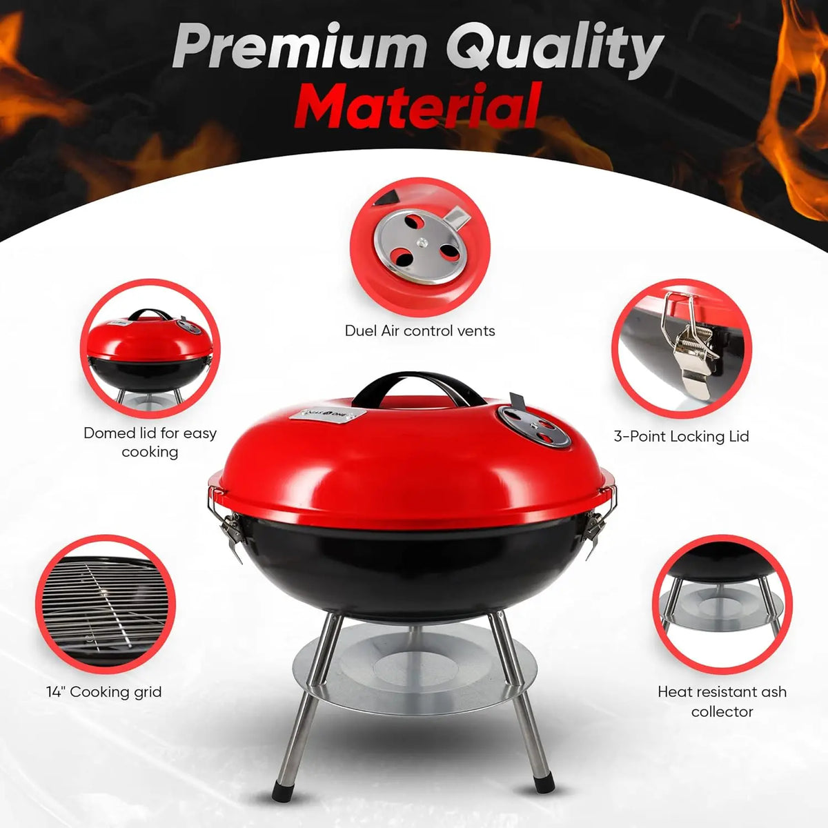 Portable Charcoal Grill With Dual Venting And Locking Lid Design