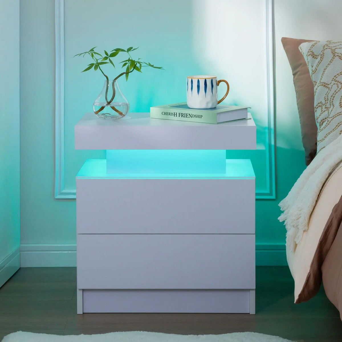 Cubehom Set Of Two LED Nightstands With Drawers For Bedroom