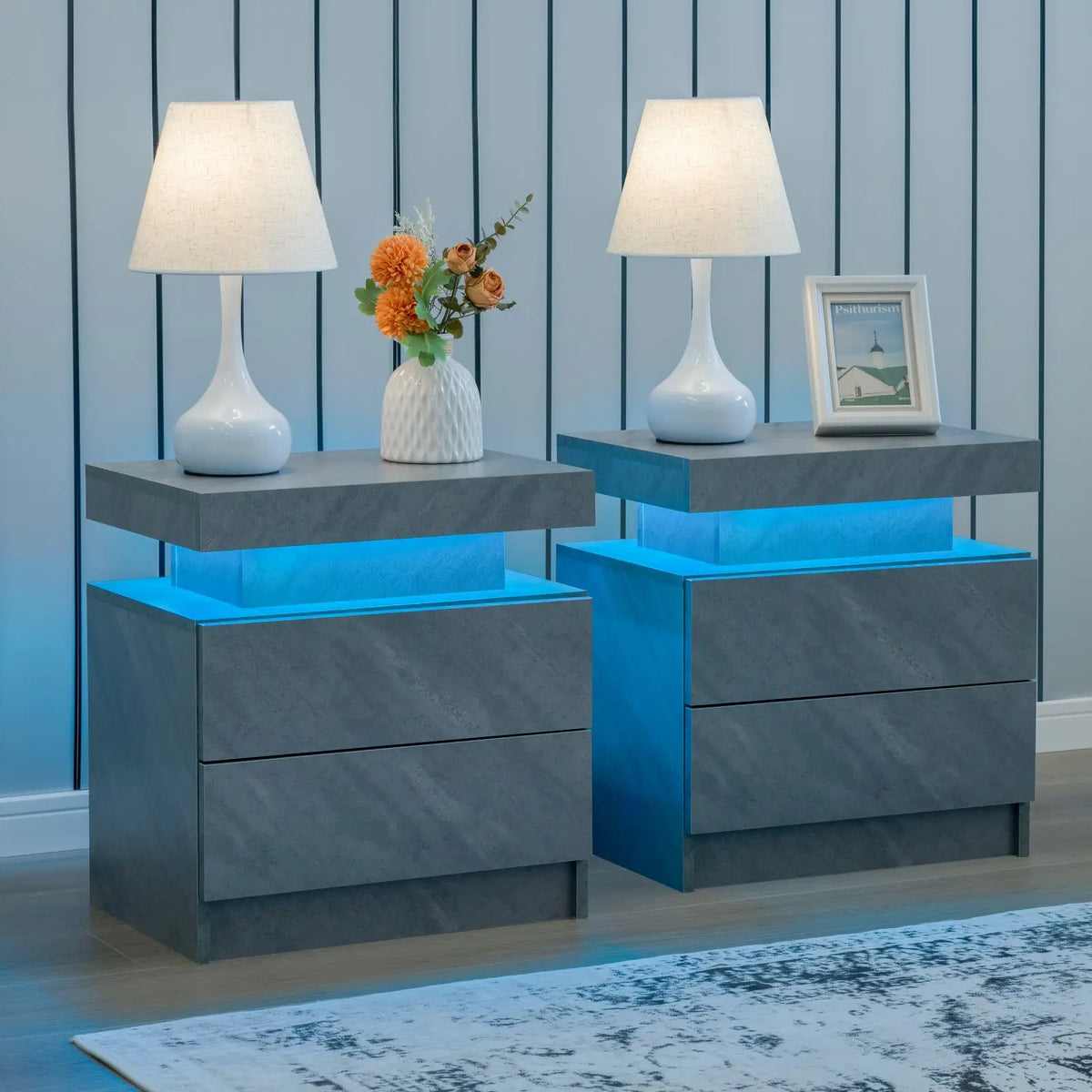 Cubehom Set Of Two LED Nightstands With Drawers For Bedroom