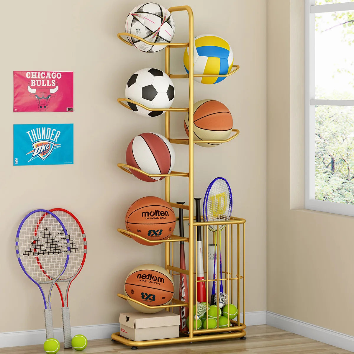 Indoor Kids Sports Ball Storage Rack for Basketballs and Footballs