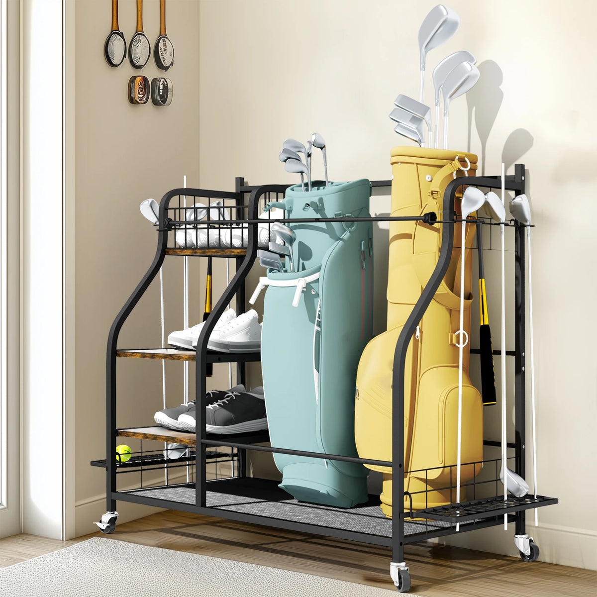 Rolling Golf Bag Storage Rack With Wheels Metal Sports Organizer