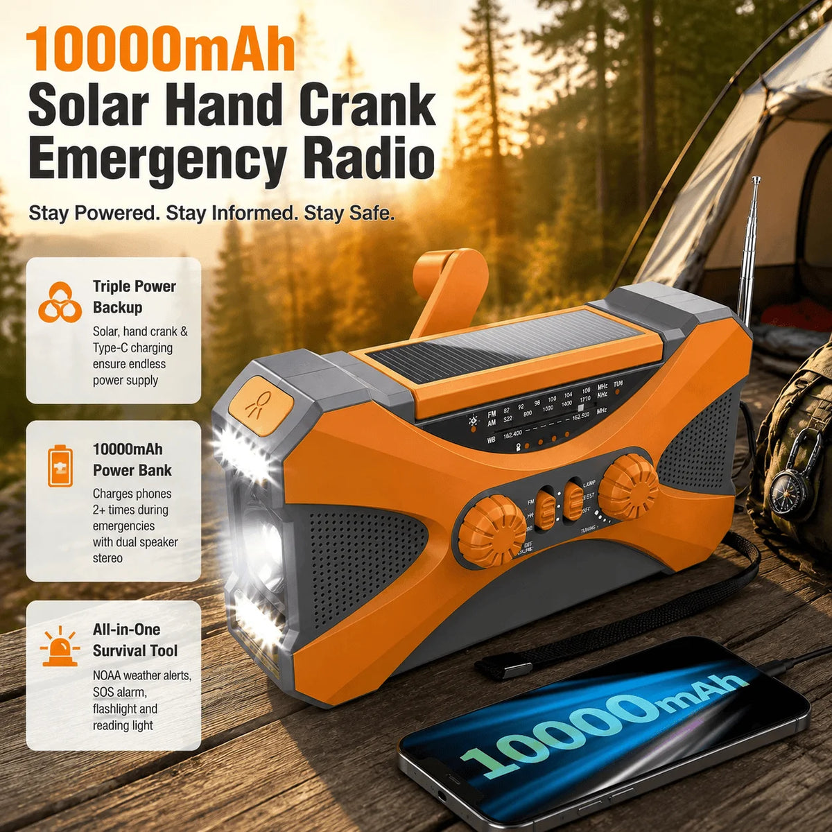 STONEGO Solar Hand Crank NOAA Emergency Weather Radio With Charger