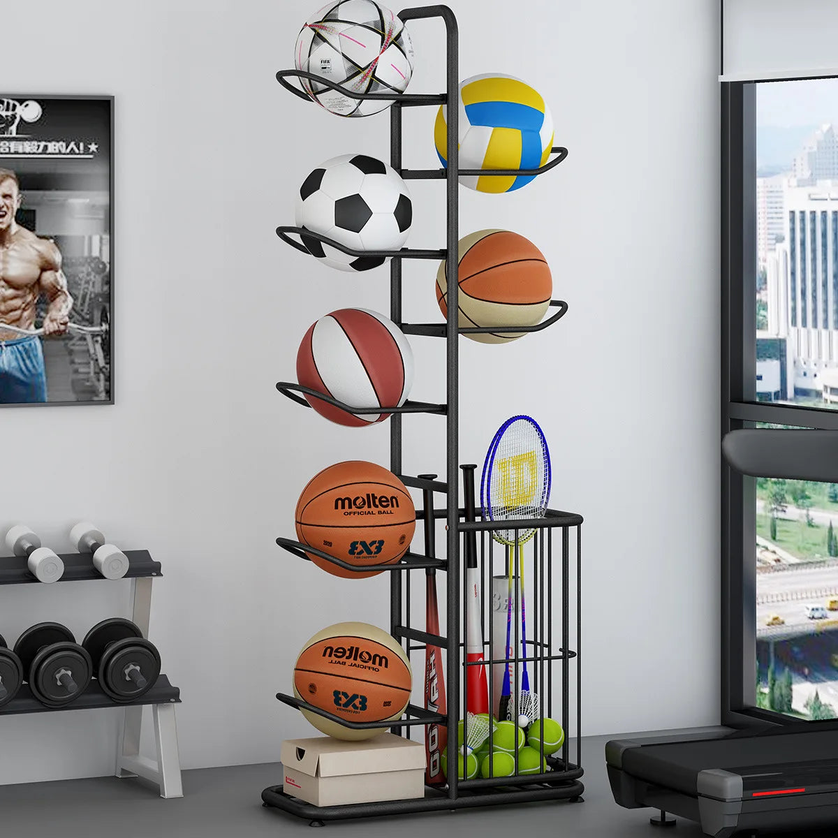 Indoor Kids Sports Ball Storage Rack for Basketballs and Footballs