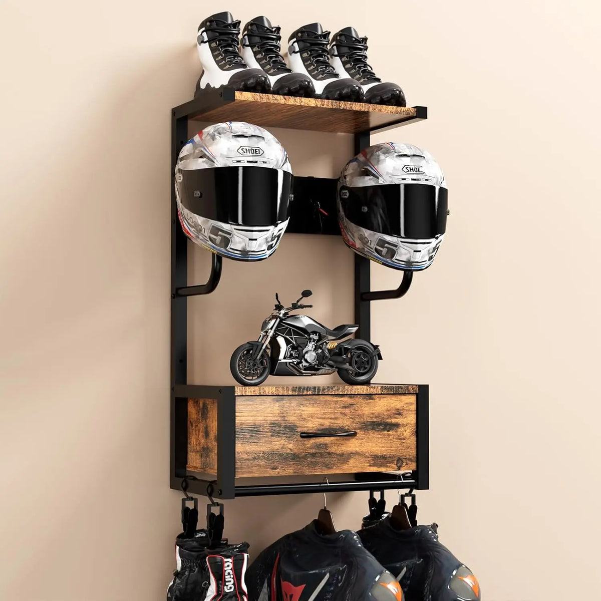 HiMISS Wall Mounted Motorcycle Helmet Storage Rack With Hooks