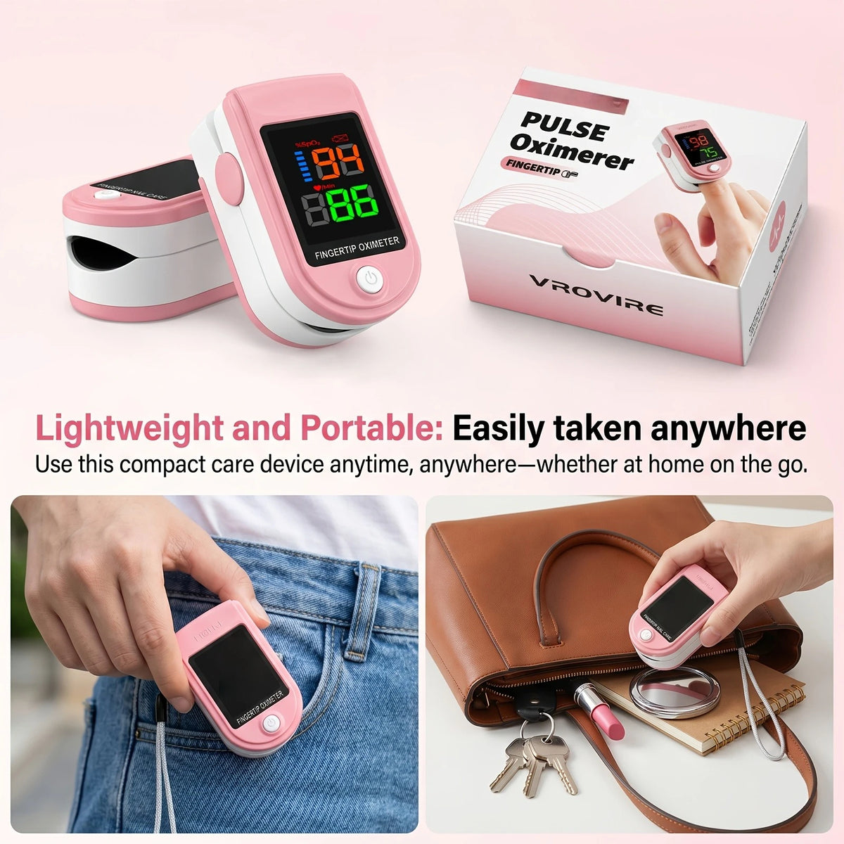 Pink Fingertip Pulse Oximeter Blood Oxygen Monitor Measure Heart Rate Breathing Rate SpO2 LED Display for Family Work Travel