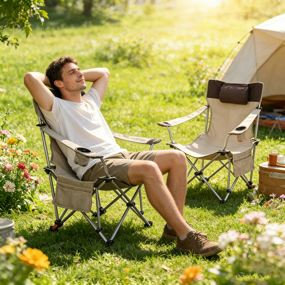 Adjustable Reclining Outdoor Camping Lounge Chair With Side Pockets