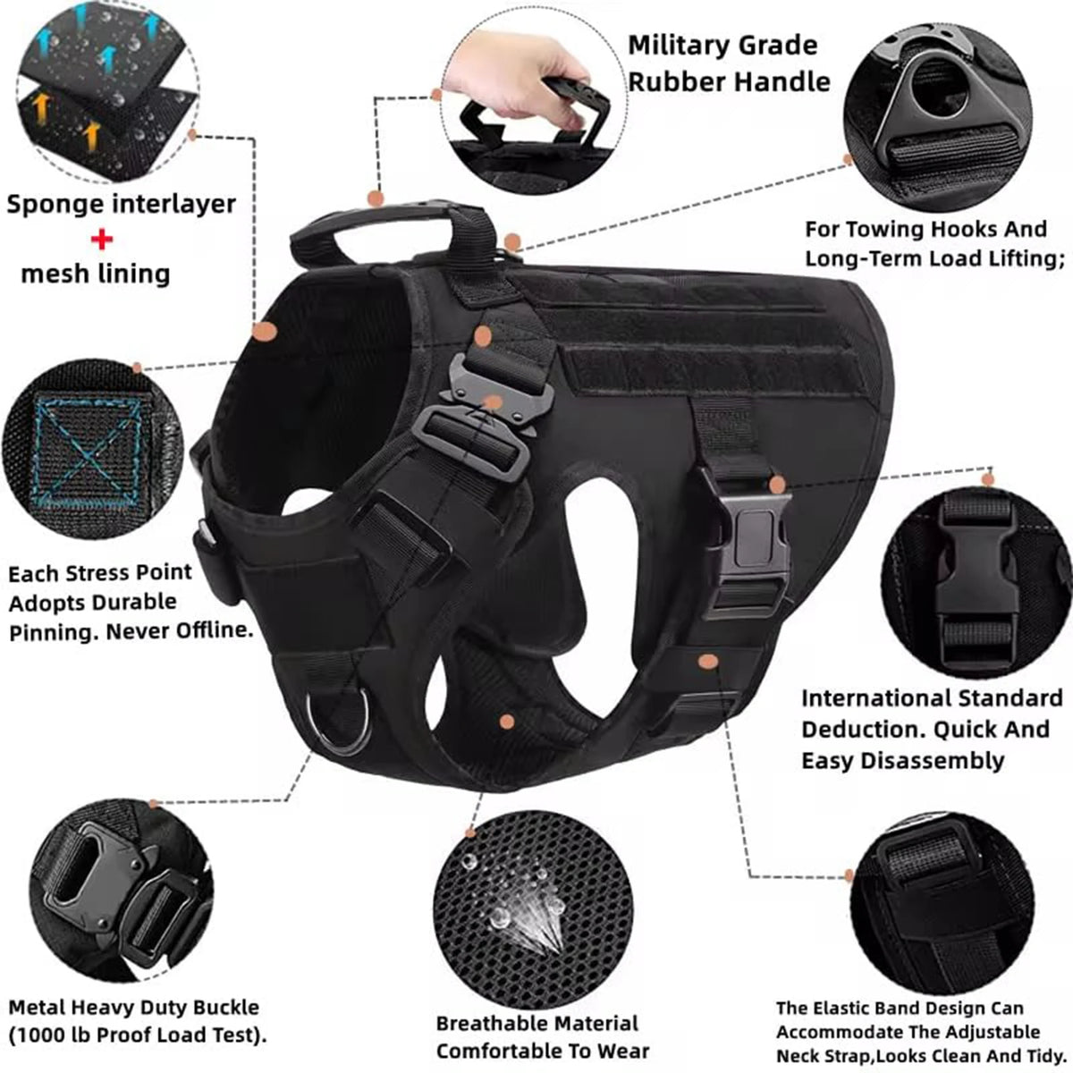 PETRAVEL Tactical Dog Harness With MOLLE Pouches for Training and Walking