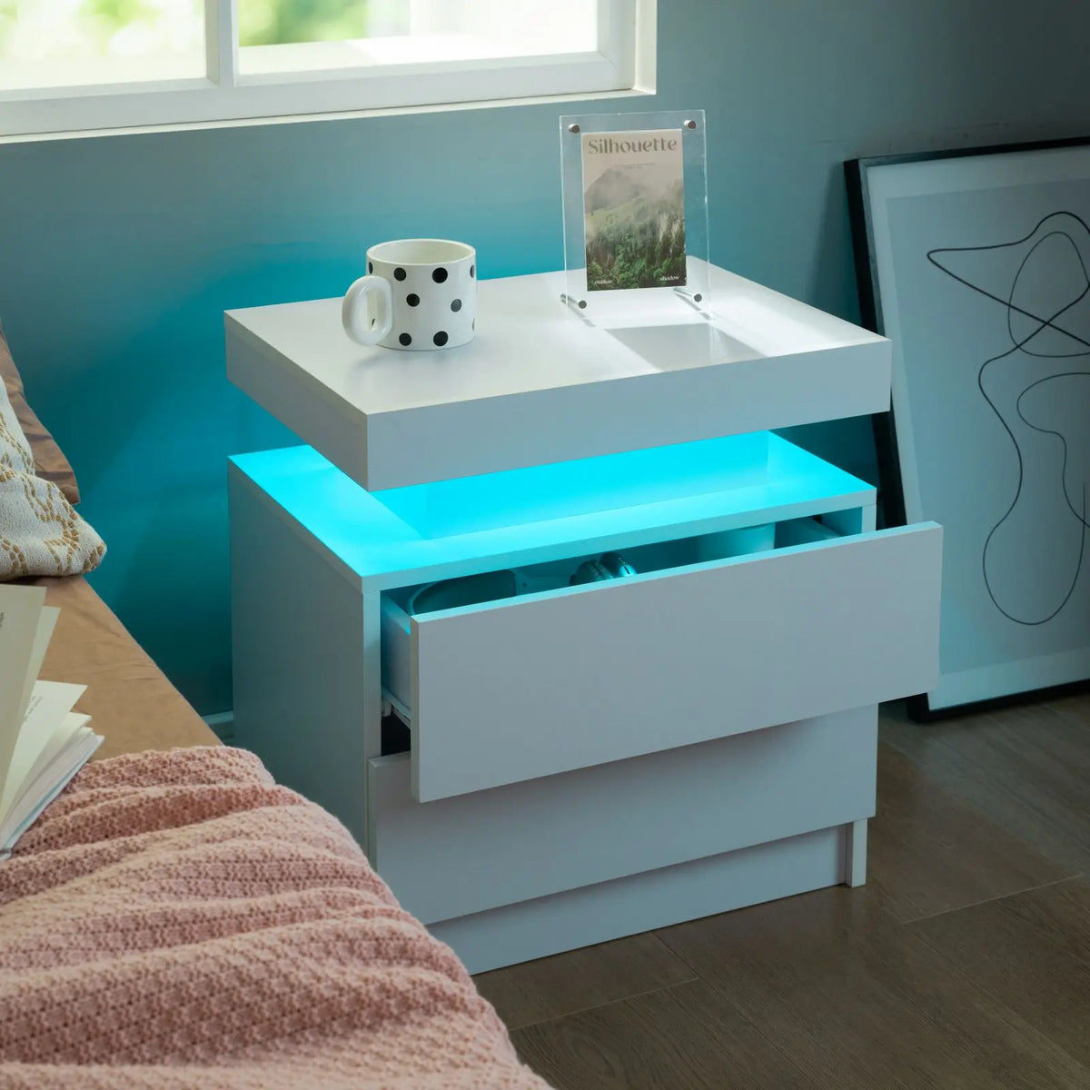 Cubehom Set Of Two LED Nightstands With Drawers For Bedroom