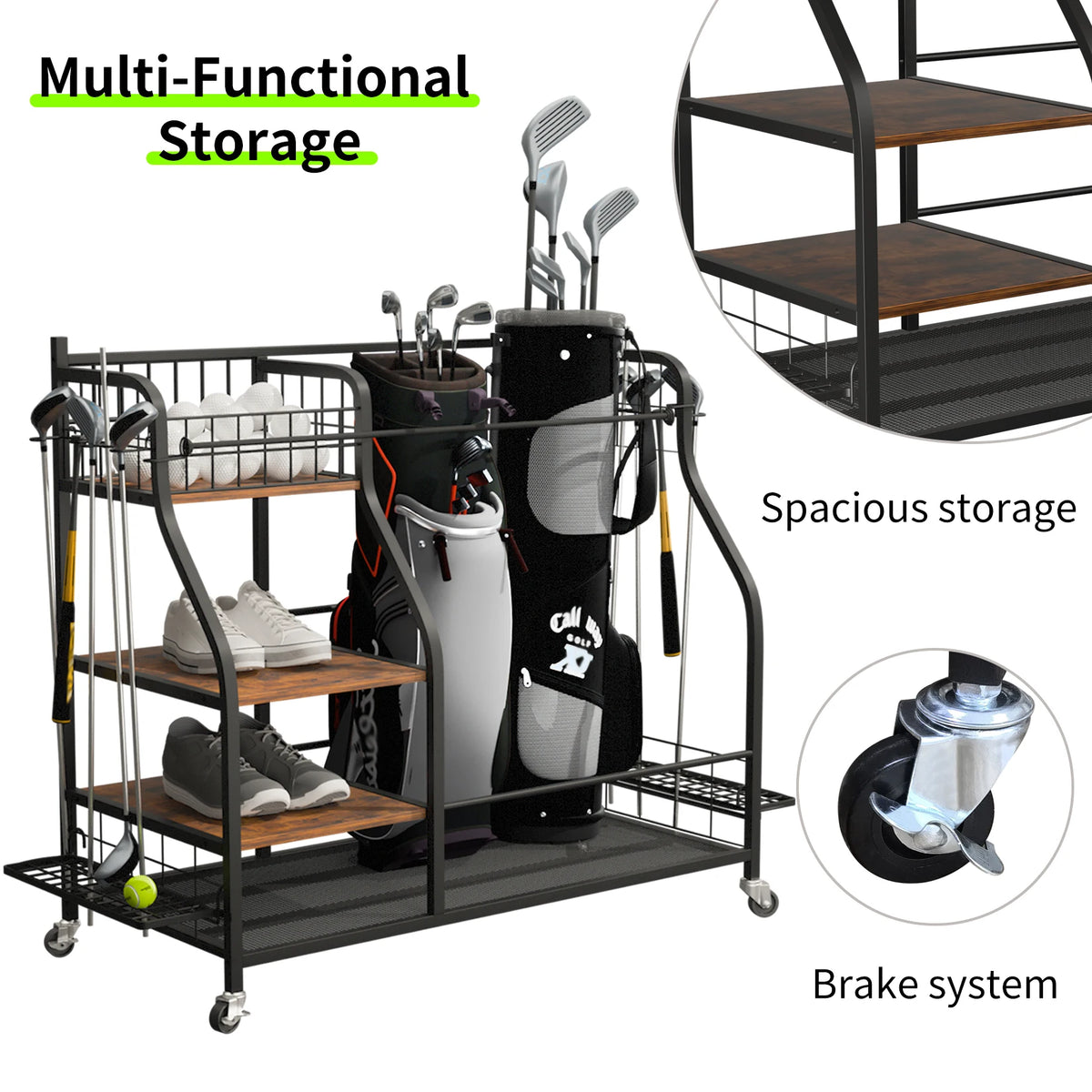 Rolling Golf Bag Storage Rack With Wheels Metal Sports Organizer
