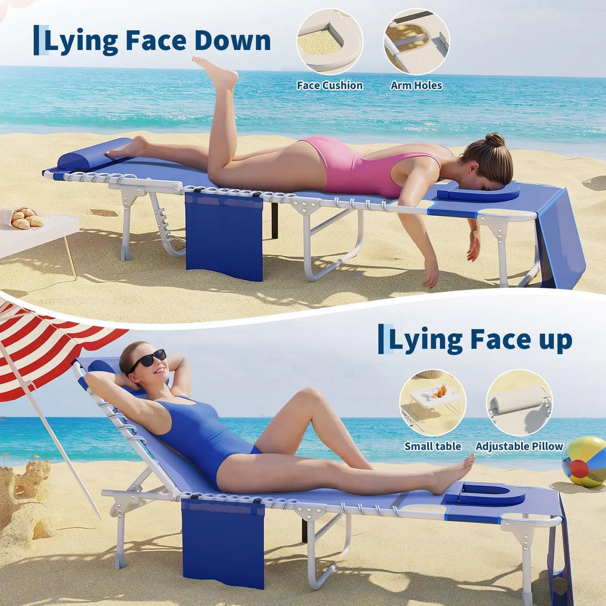 HiMISS Outdoor Reclining Beach Lounge Chair With Table And Folding