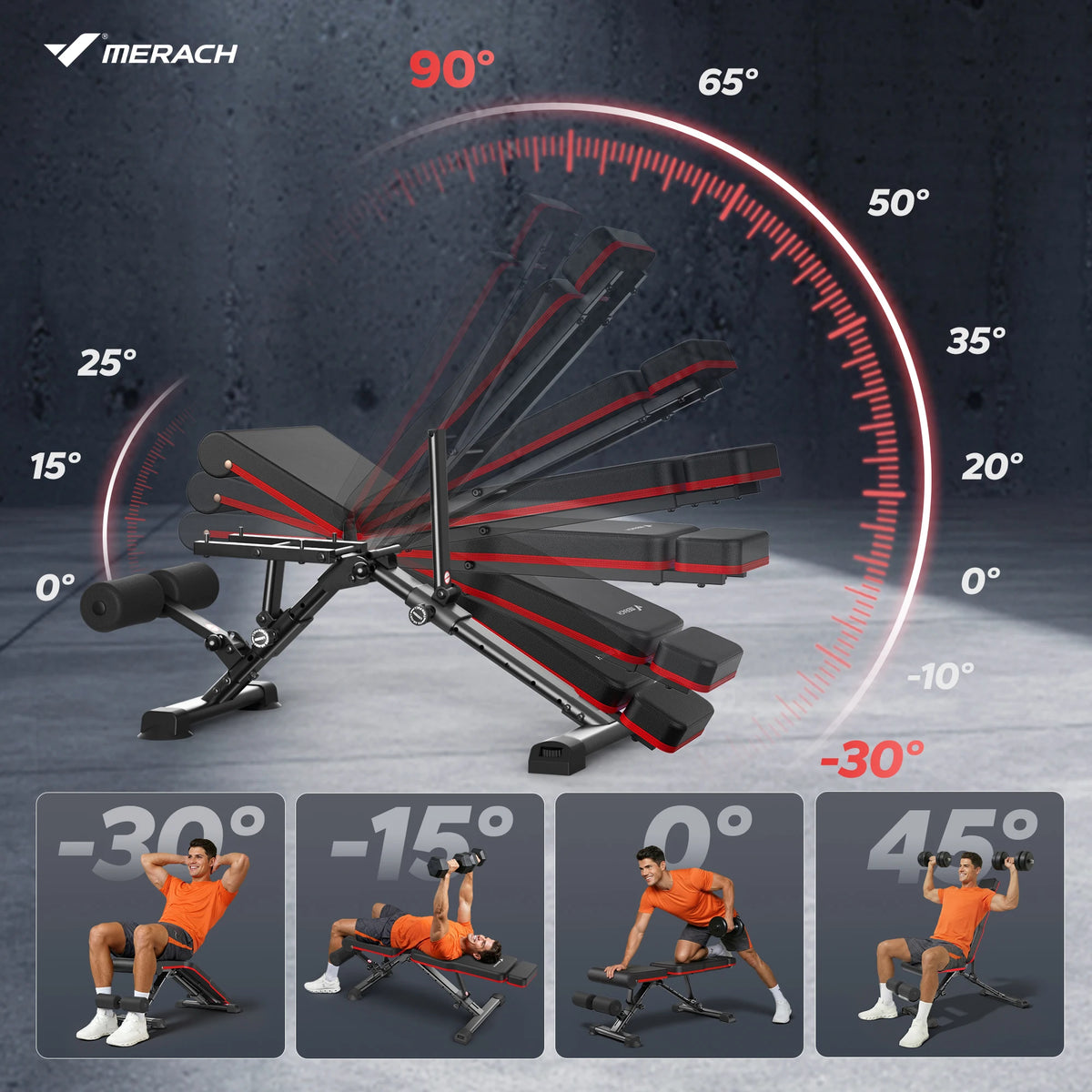 MERACH Adjustable Weight Bench Foldable 108 Angles Training Bench with Headrest Extended Backrest 450 kg Capacity Steel Frame Workout Bench for Home Gym Bench Press Incline Decline Ab Exercise Space Saving Multifunctional Tra
