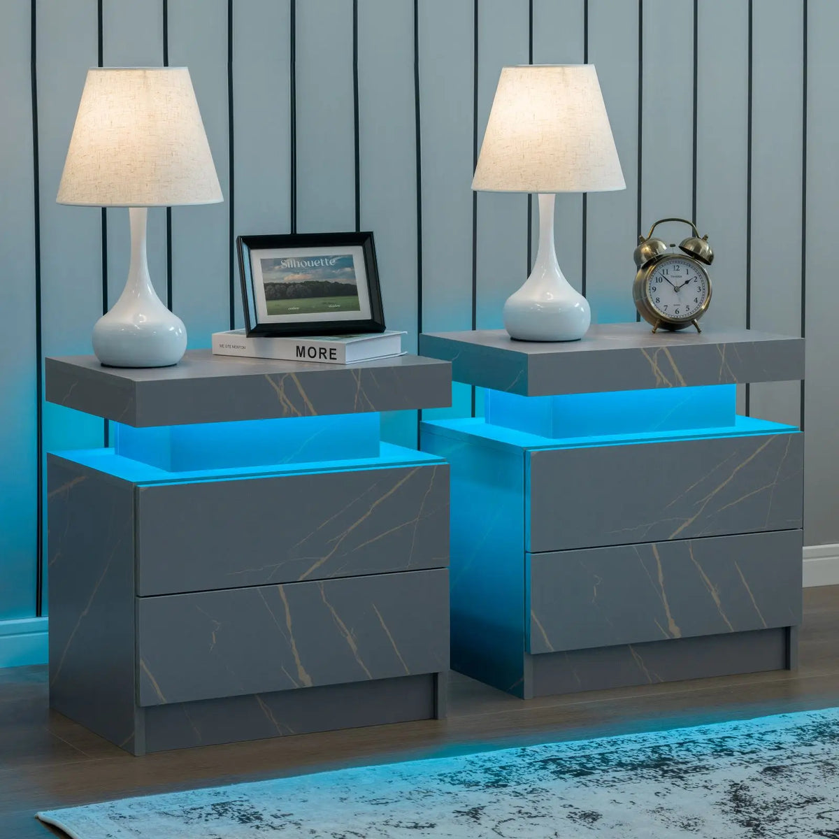 Cubehom Set Of Two LED Nightstands With Drawers For Bedroom