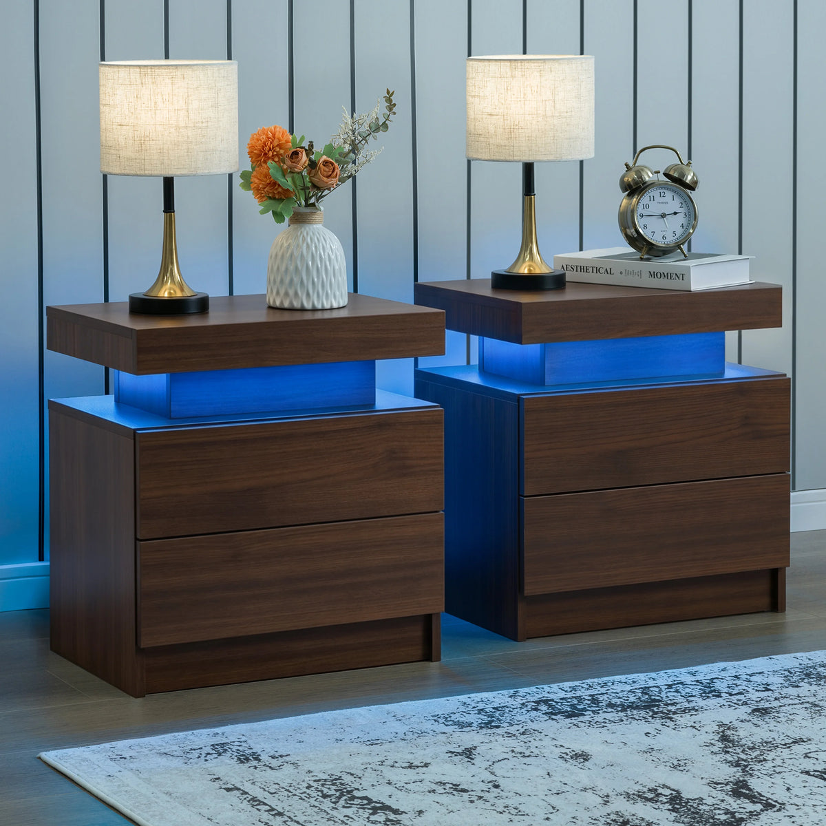 Cubehom Set Of Two LED Nightstands With Drawers For Bedroom