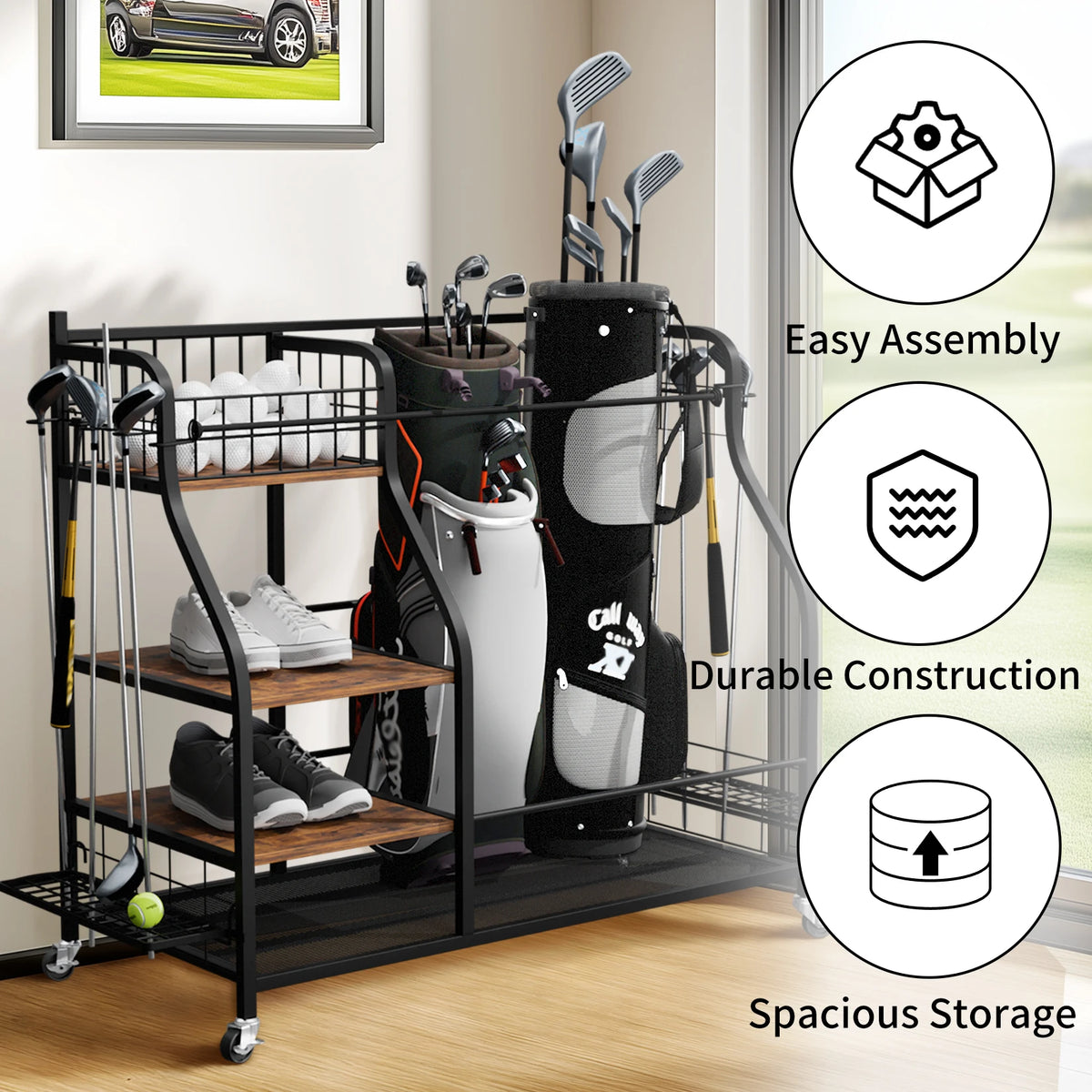 Rolling Golf Bag Storage Rack With Wheels Metal Sports Organizer