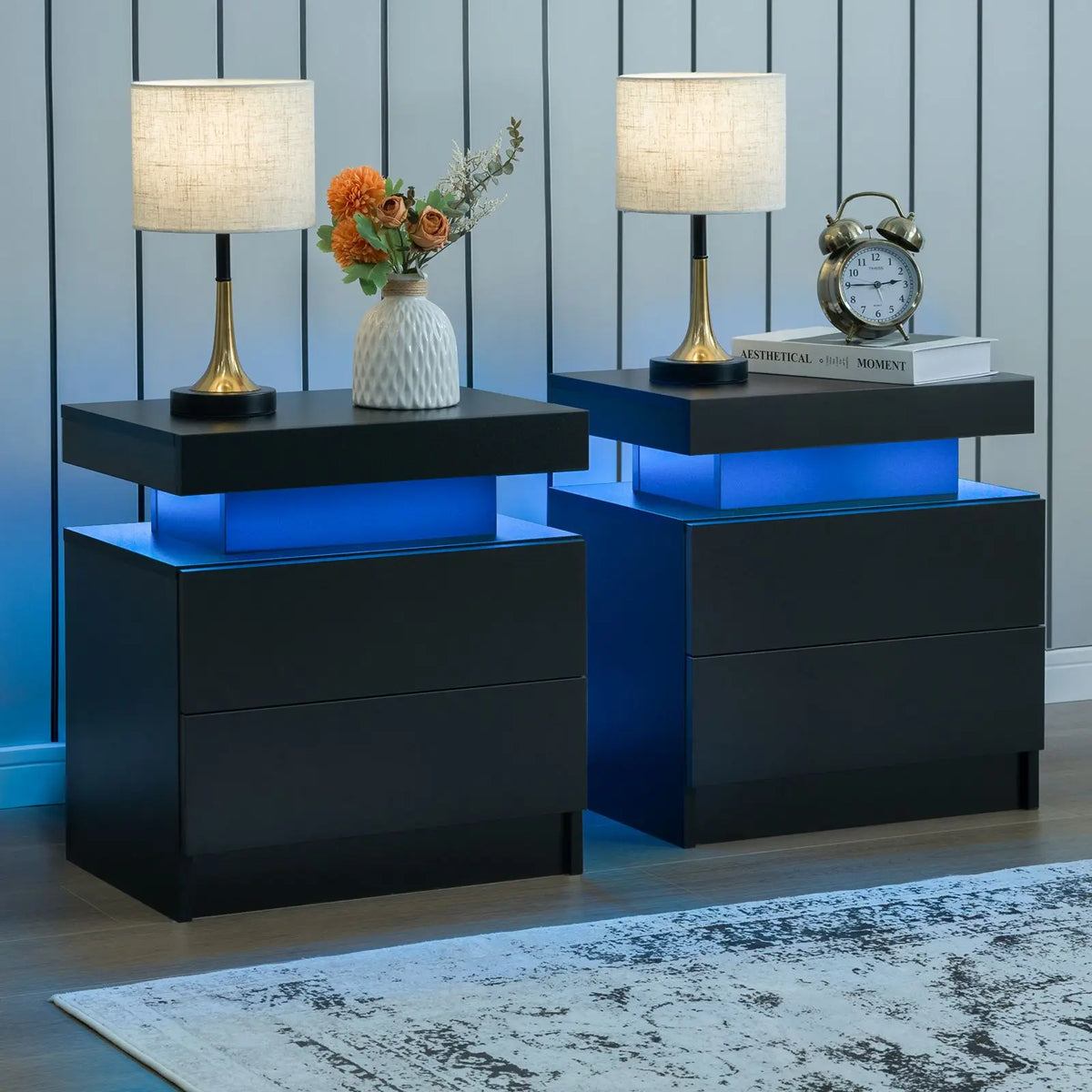 Cubehom Set Of Two LED Nightstands With Drawers For Bedroom