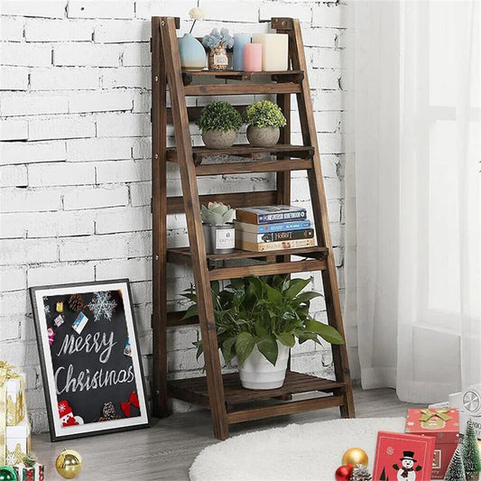 Folding Wooden Ladder Shelf Bookcase And Plant Display Rack