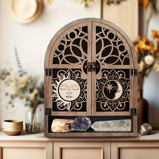 Vintage Wooden Sun And Moon Floating Shelves For Crystal Storage