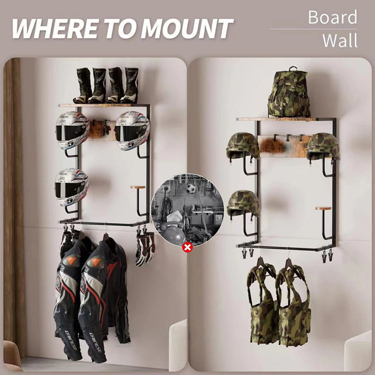 HiMISS Wall Mounted Motorcycle Helmet Storage Rack With Hooks