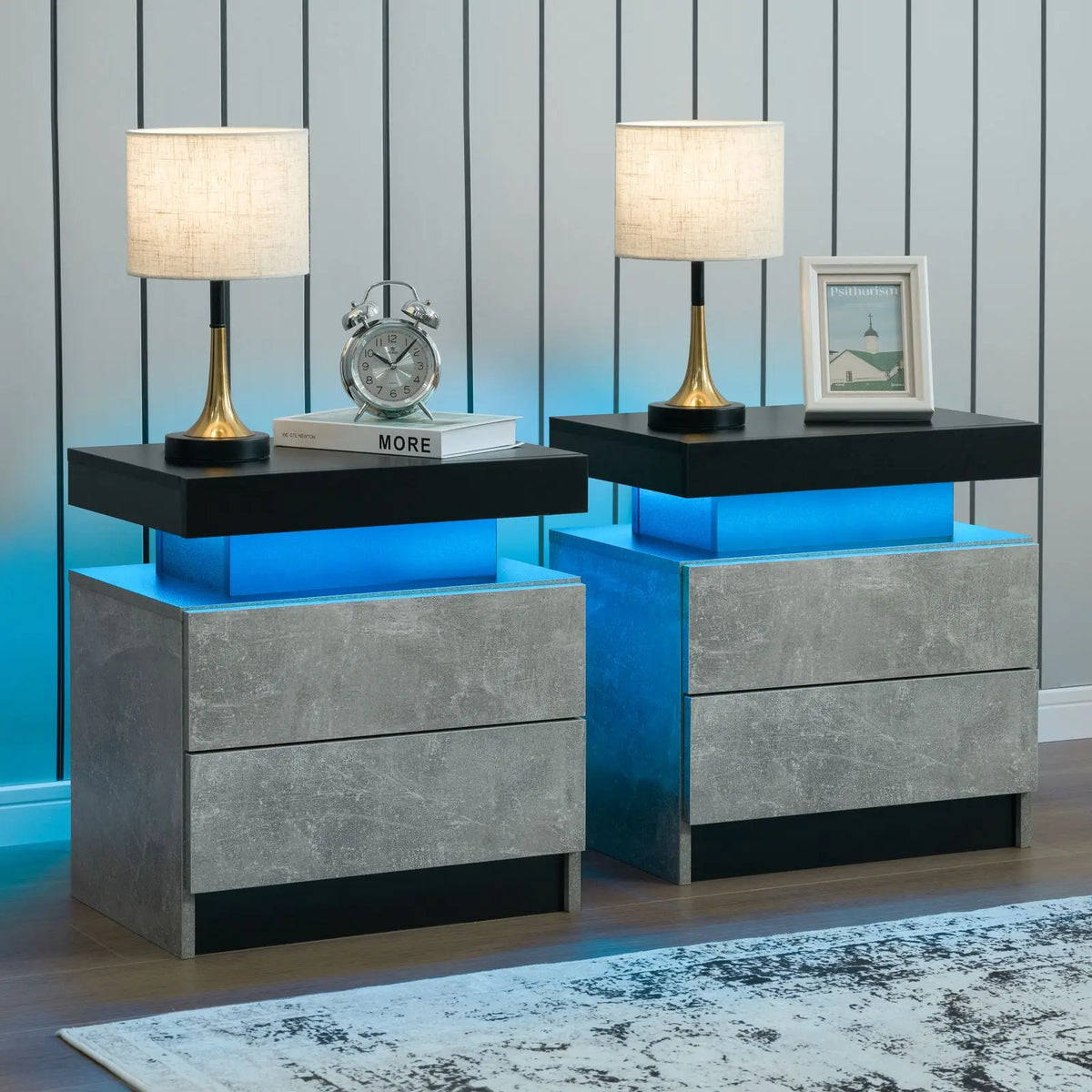 Cubehom Set Of Two LED Nightstands With Drawers For Bedroom