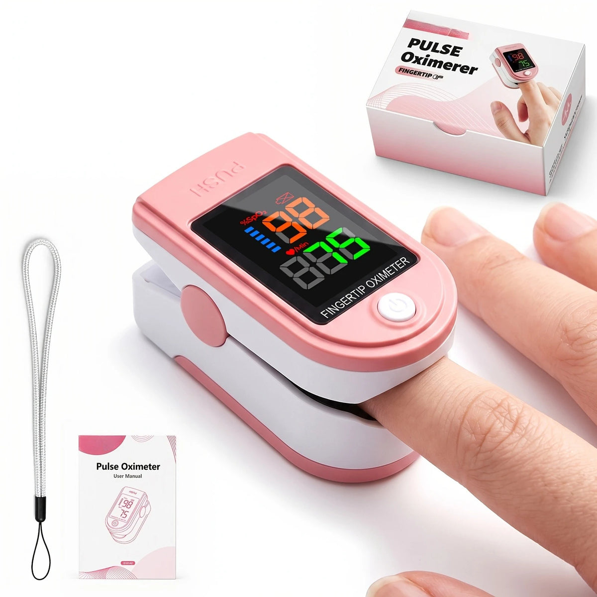 Pink Fingertip Pulse Oximeter Blood Oxygen Monitor Measure Heart Rate Breathing Rate SpO2 LED Display for Family Work Travel