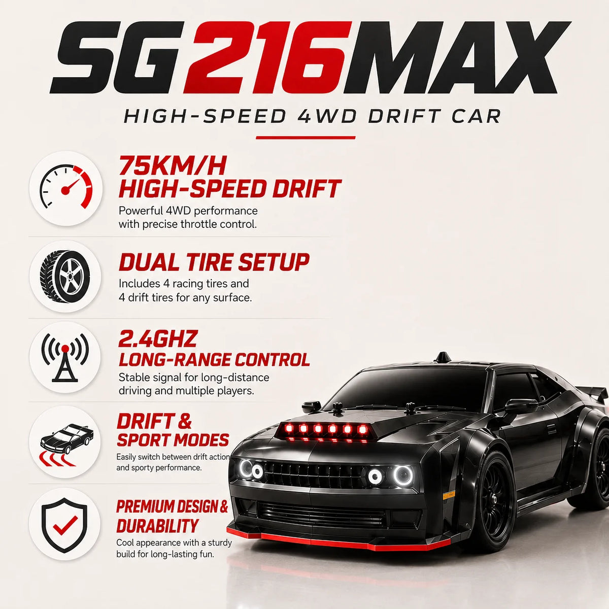 ZNLYRION SG216MAX Brushless RC Drift Car With LED Lights
