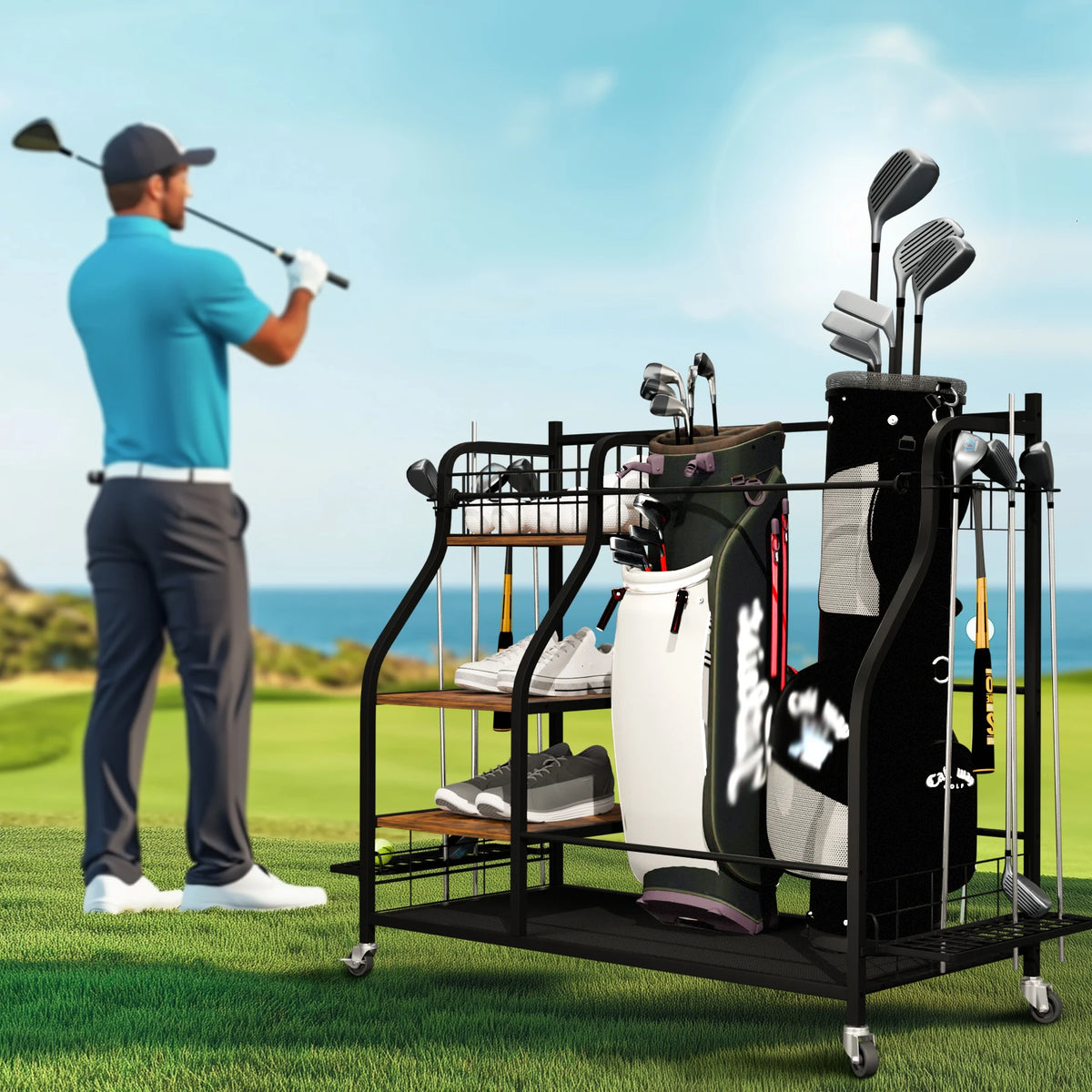 Rolling Golf Bag Storage Rack With Wheels Metal Sports Organizer