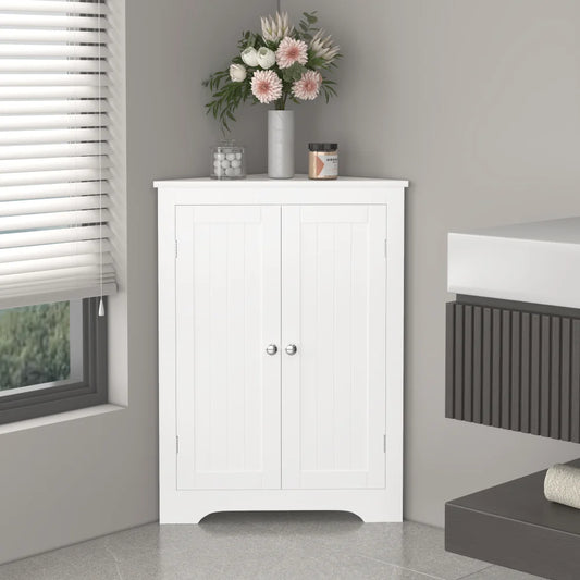 Freestanding Corner Storage Cabinet With Doors And Adjustable Shelves