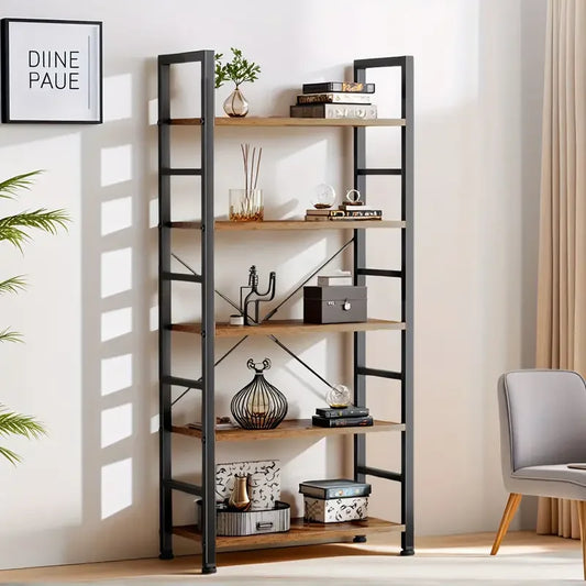 SARENZOON Freestanding Metal Frame Wood Bookshelf Storage Organizer for Home