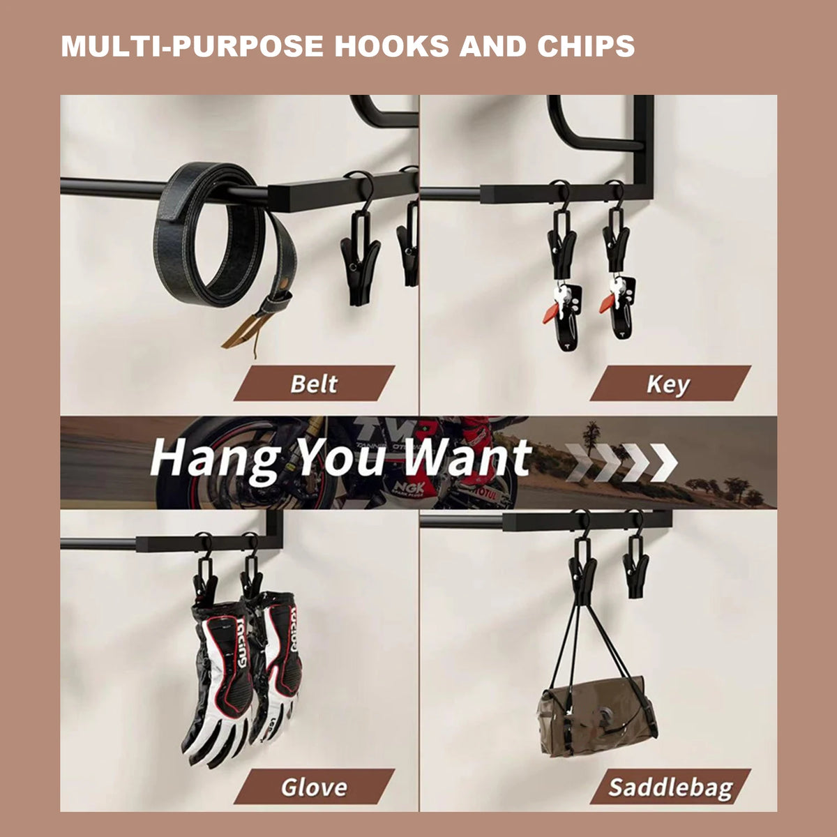 HiMISS Wall Mounted Motorcycle Helmet Storage Rack With Hooks