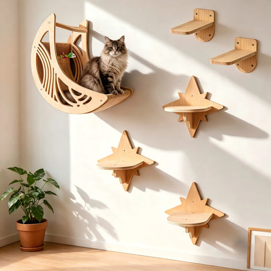 CWV Wall Mounted Cat Shelves With Moon Hammock Perches