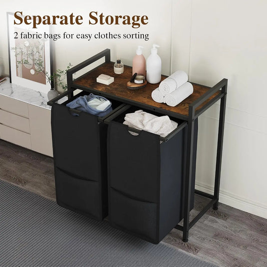 Two Section Laundry Sorter Hamper With Shelf And Removable Bags