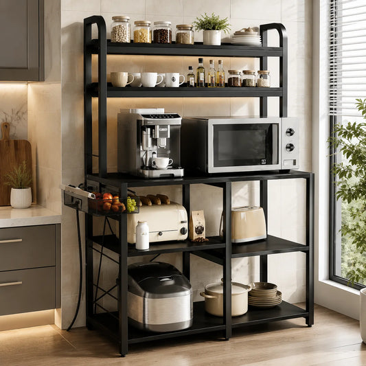 Kitchen Baker Rack with Power Outlet and Storage Shelves