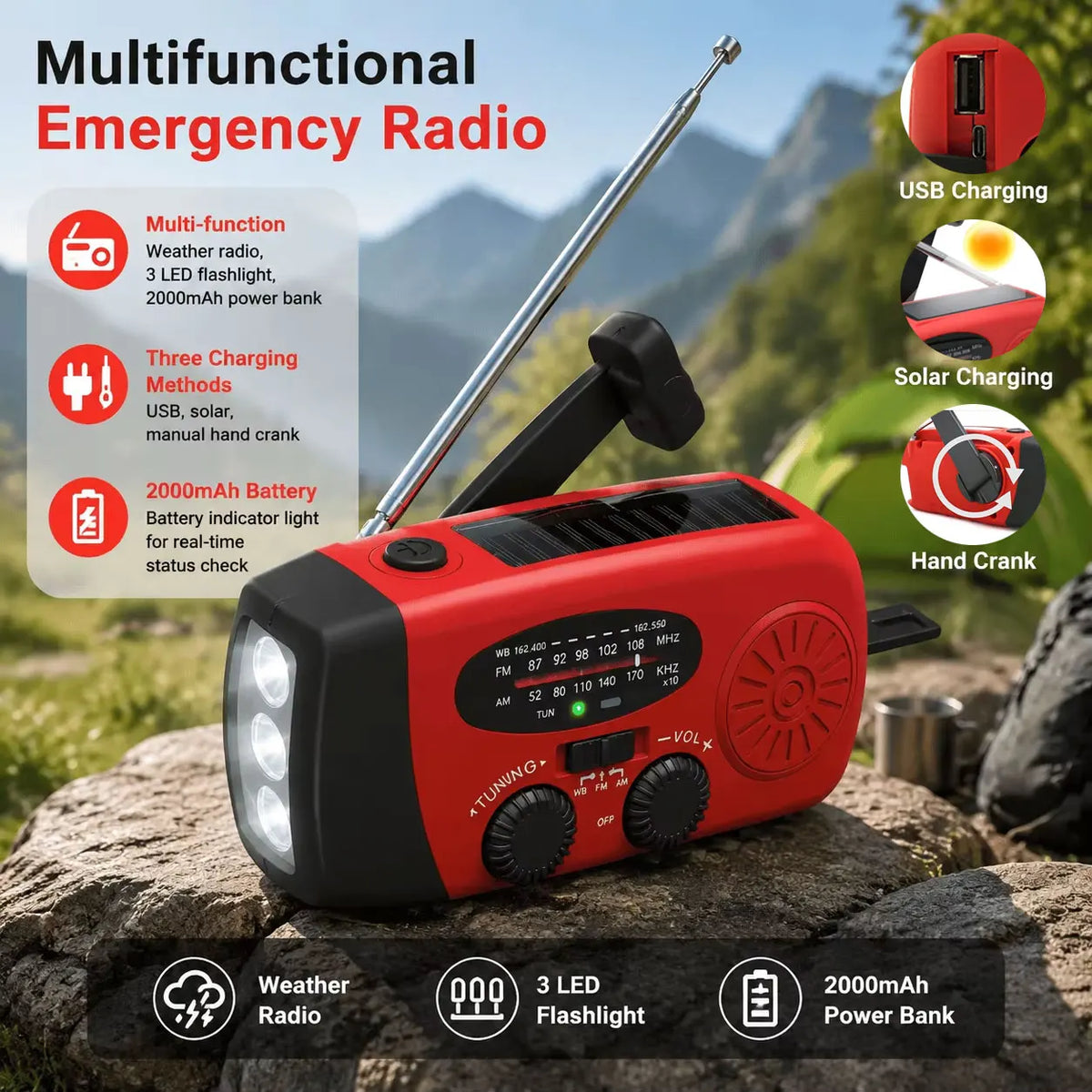 Portable Solar Hand Crank Emergency Radio With NOAA Weather Alerts