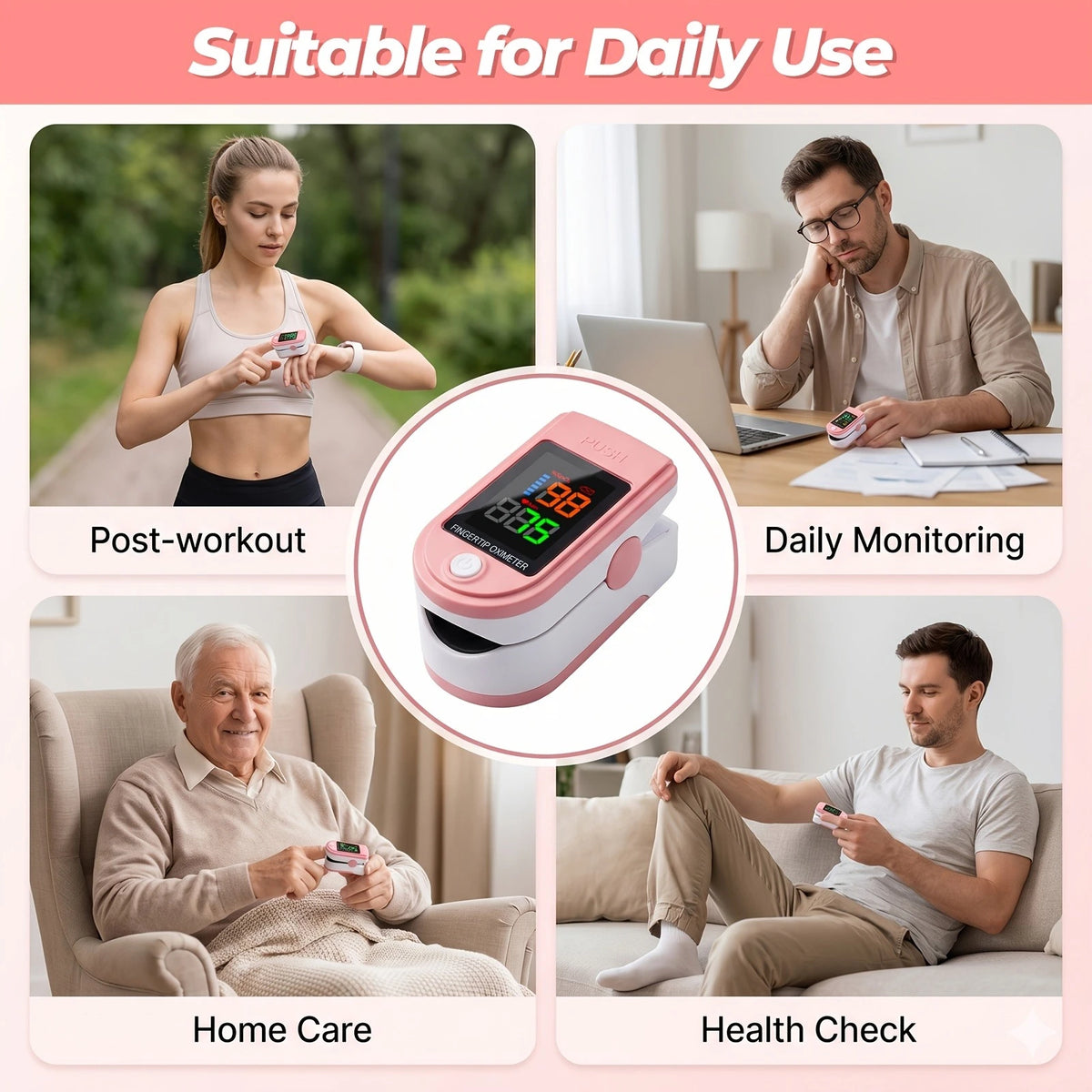 Pink Fingertip Pulse Oximeter Blood Oxygen Monitor Measure Heart Rate Breathing Rate SpO2 LED Display for Family Work Travel