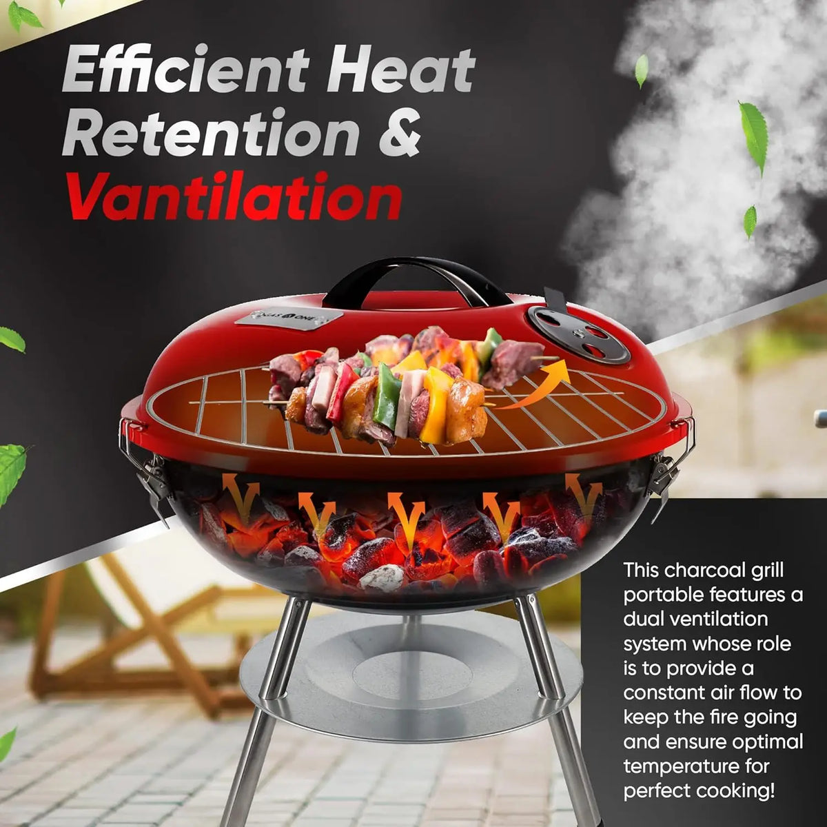 Portable Charcoal Grill With Dual Venting And Locking Lid Design