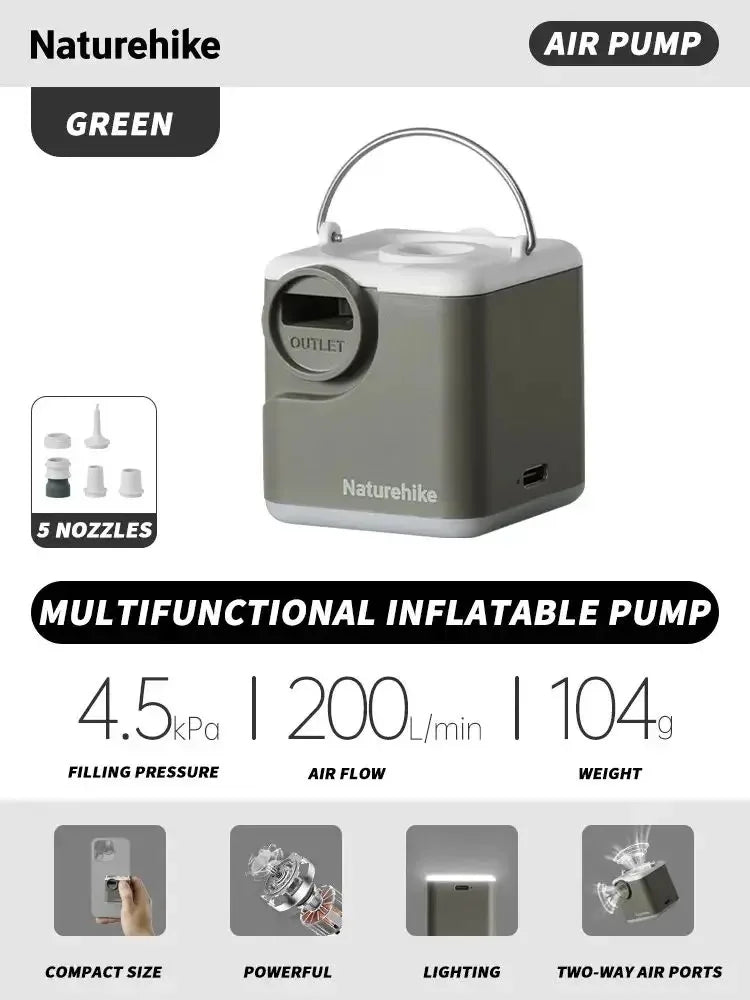Naturehike Wind-air Pump 2400mAh USB-C Rechargeable Mini Air Pump with Light Portable Electric Air Pump for Air Mattresses Inflator/Deflator Pump