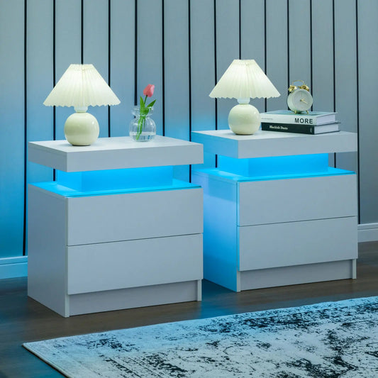 Cubehom Set Of Two LED Nightstands With Drawers For Bedroom
