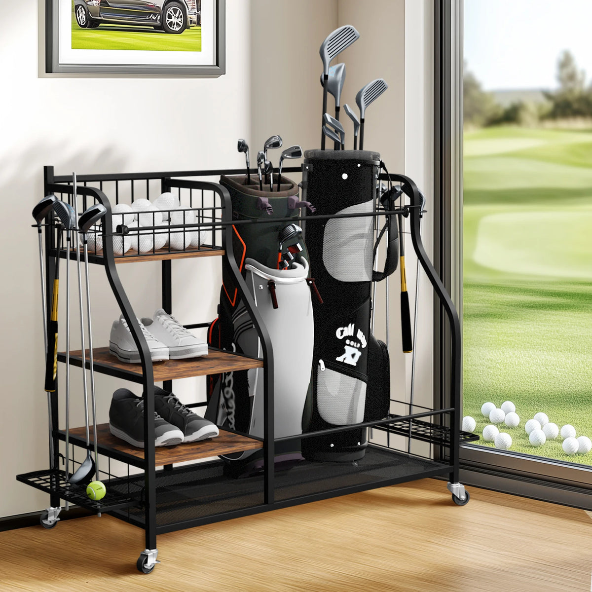 Rolling Golf Bag Storage Rack With Wheels Metal Sports Organizer