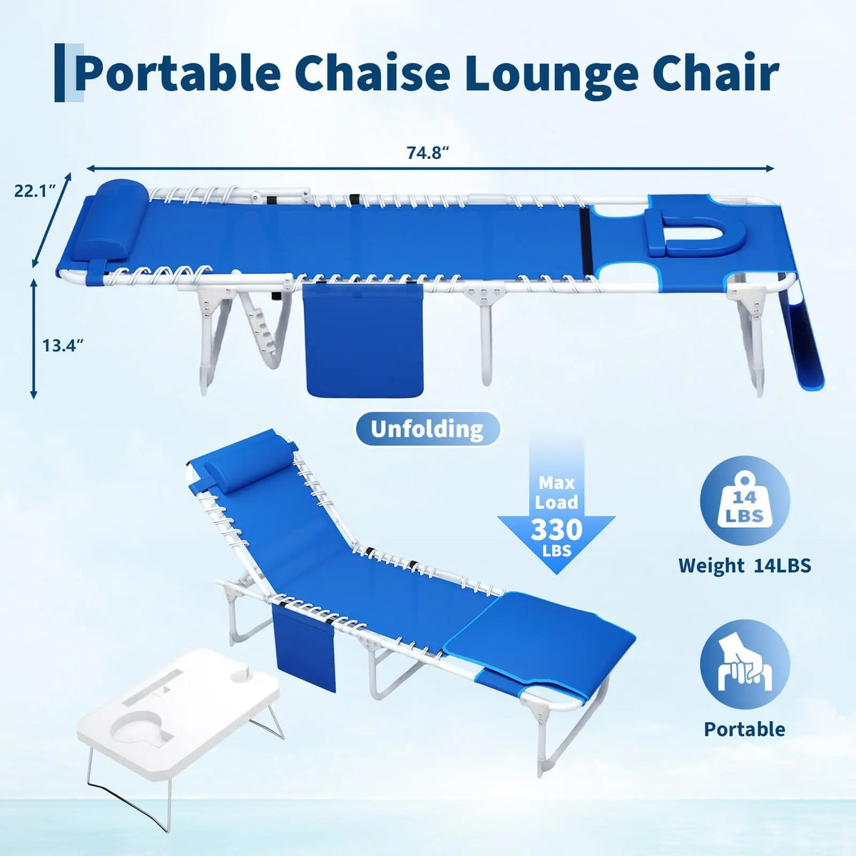 HiMISS Outdoor Reclining Beach Lounge Chair With Table And Folding
