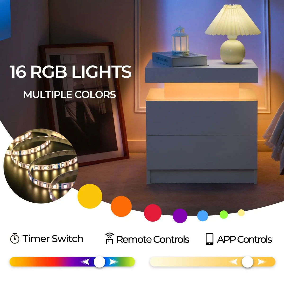 Cubehom Set Of Two LED Nightstands With Drawers For Bedroom