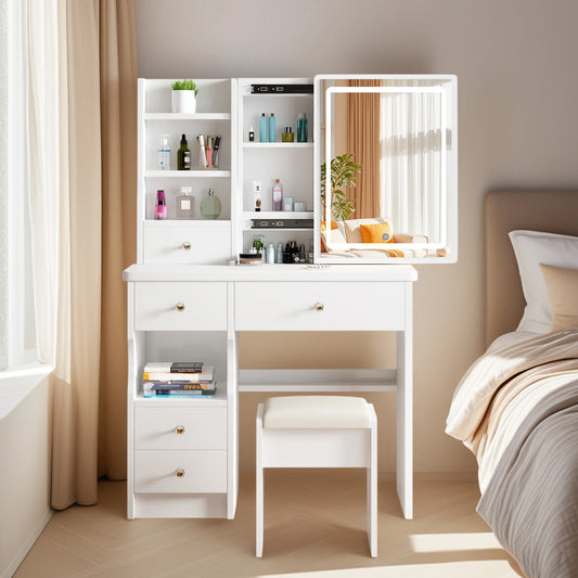Makeup Vanity Desk With Sliding Mirror Lights Drawers And Stool