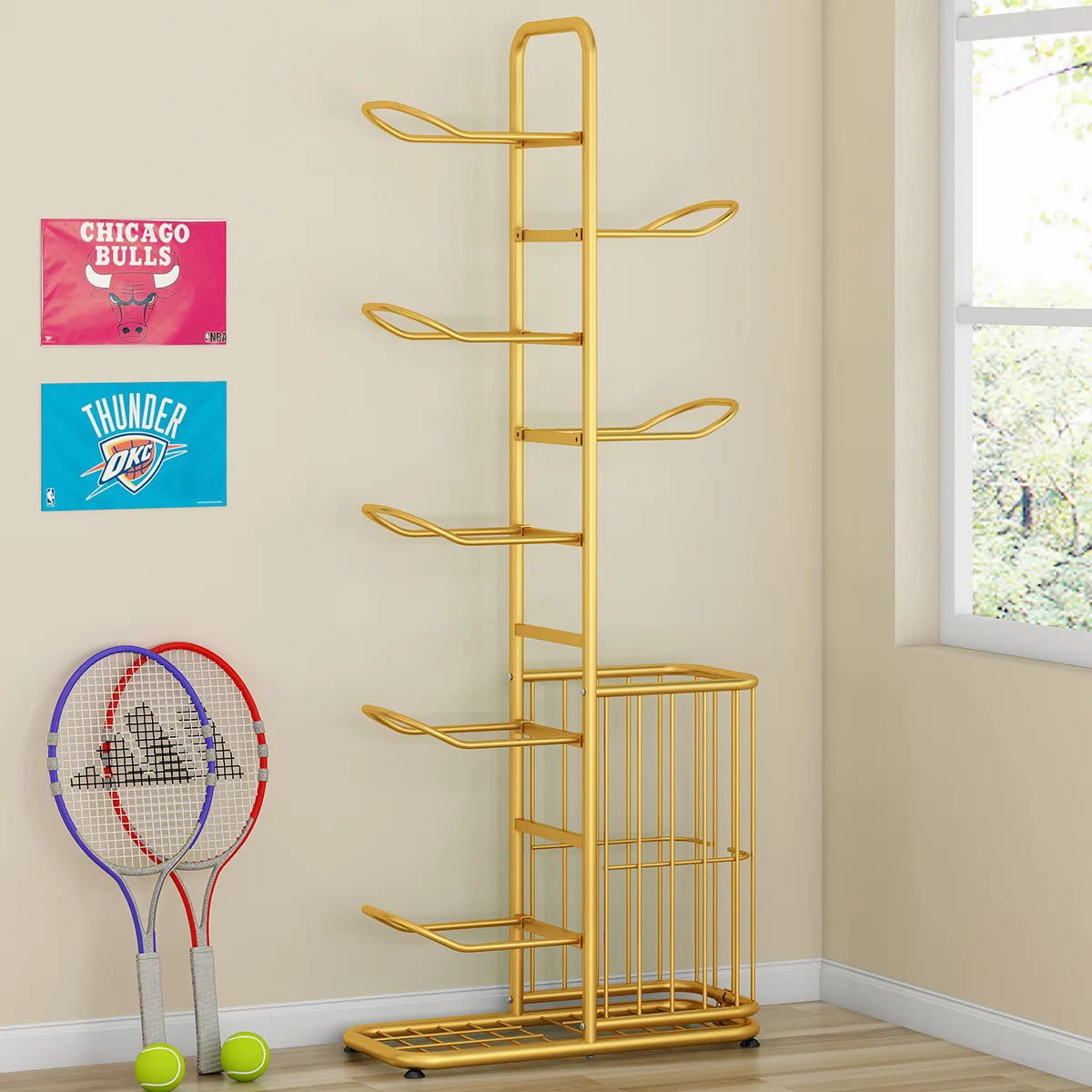 Indoor Kids Sports Ball Storage Rack for Basketballs and Footballs